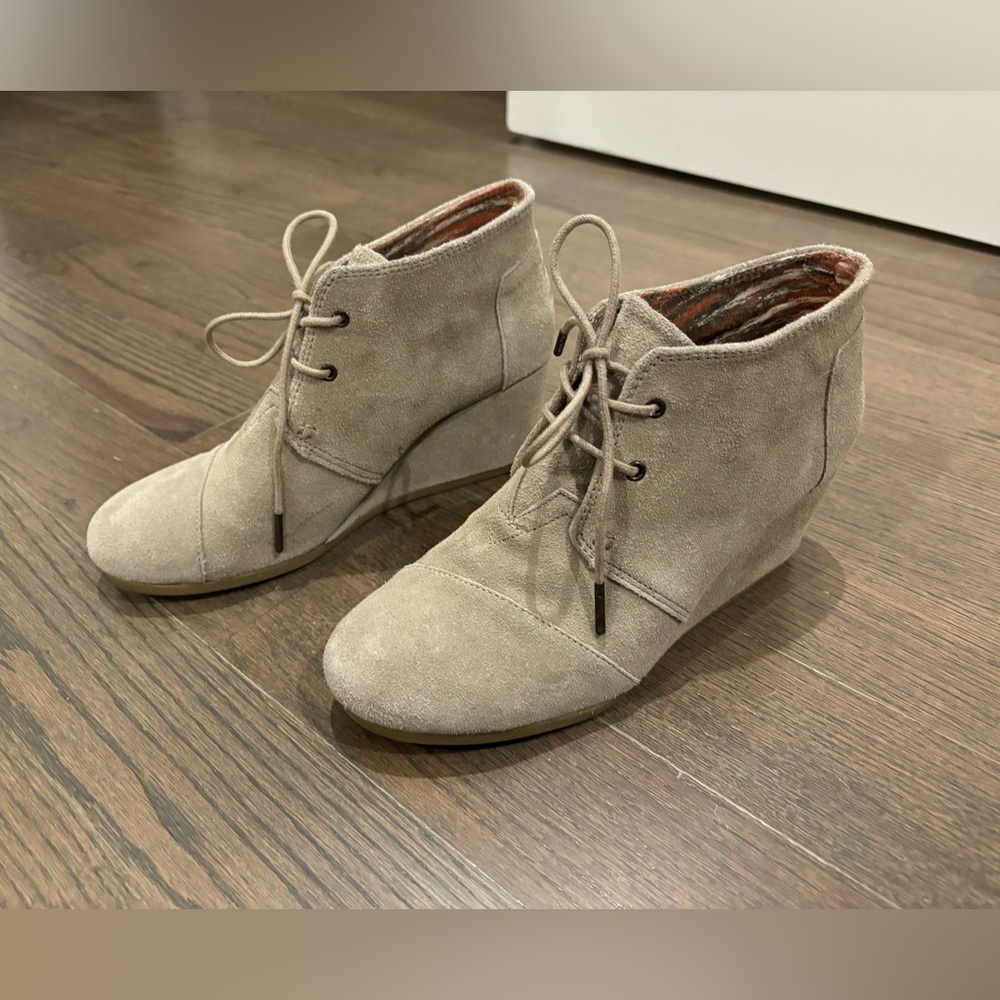 TOMS Wedge Lace-up Booties, gentle worn. Color: desert sand